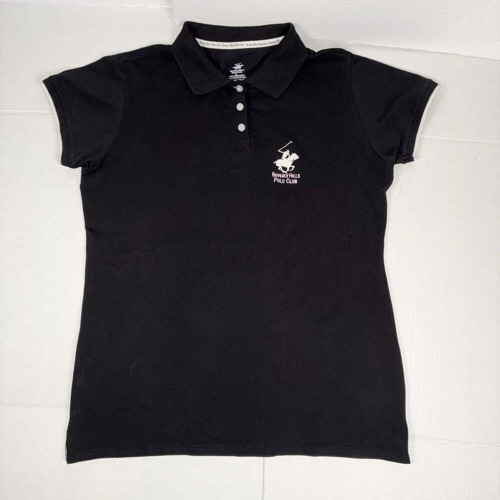 Beverly Hills Polo Club Women's Black Short Sleeve 3-Button Polo Shirt Large